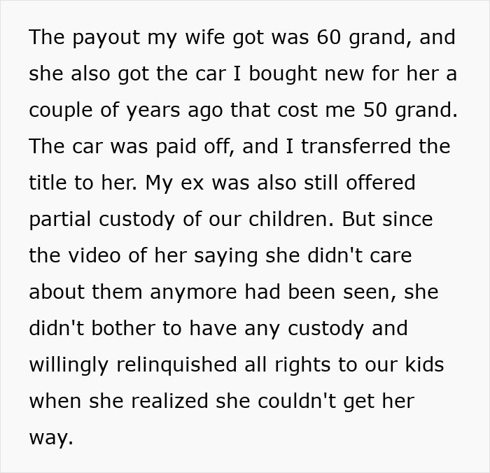 Text snippet explaining financial payout and custody details related to a wife pregnancy scandal. Text snippet explaining financial payout and custody details related to a wife pregnancy scandal.