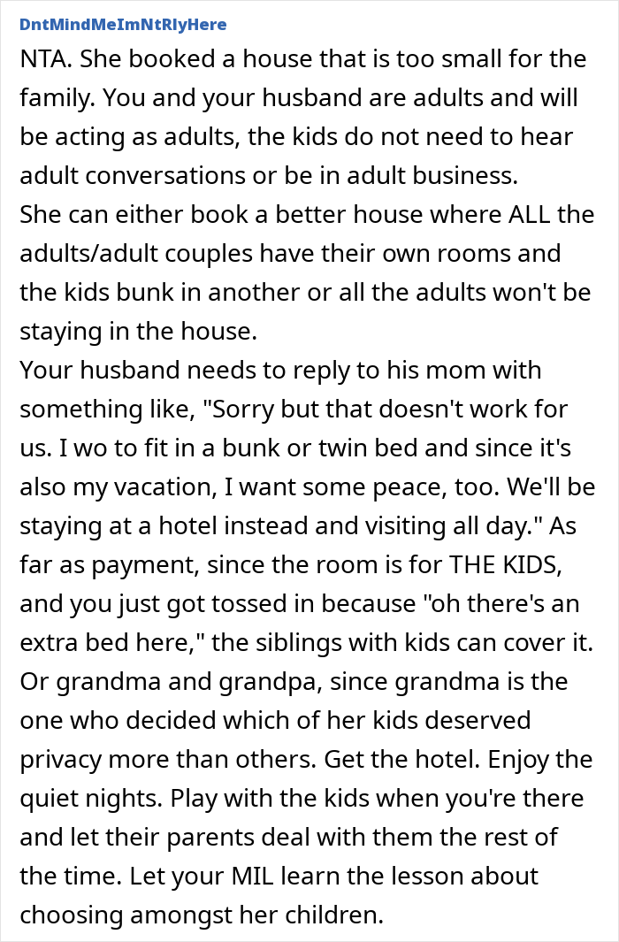 An online response discussing family vacation dynamics and advice for a child-free couple dealing with a MIL. An online response discussing family vacation dynamics and advice for a child-free couple dealing with a MIL.