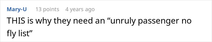 A comment calling for an unruly passenger no-fly list after a flight diverted incident. A comment calling for an unruly passenger no-fly list after a flight diverted incident.