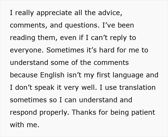Text post update following a girls trip where husband senses something is off, discussing translation help.