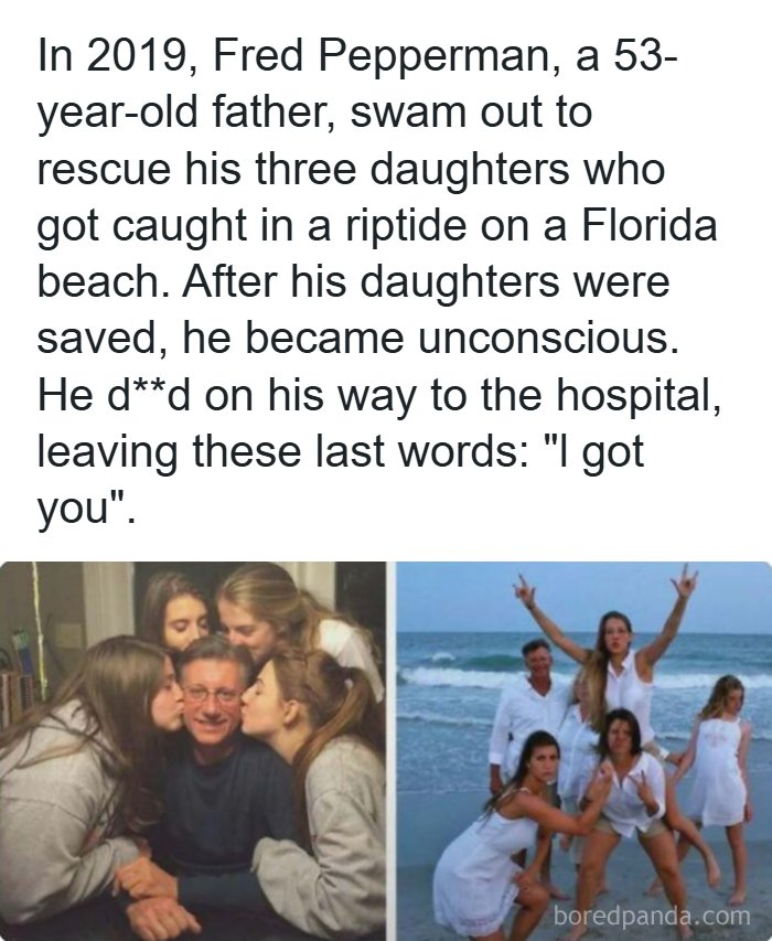 A split photo showing a father with his daughters, referencing creepy facts of a tragic rescue
