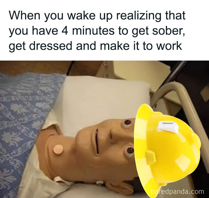 Funny cringe construction fails meme of a mannequin lying in bed wearing a yellow hard hat with wide eyes.