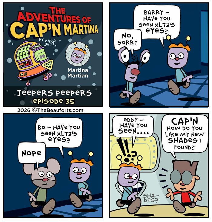 Funny space comic panel depicting cartoon characters searching for lost eyes on a spaceship. Funny space comic panel depicting cartoon characters searching for lost eyes on a spaceship.