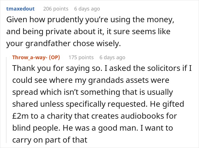 Reddit comment about using a life-changing inheritance wisely and donating to charity. Reddit comment about using a life-changing inheritance wisely and donating to charity.