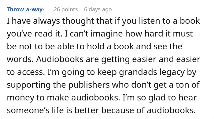 Online comment discussing supporting audiobooks following a life changing inheritance story. Online comment discussing supporting audiobooks following a life changing inheritance story.