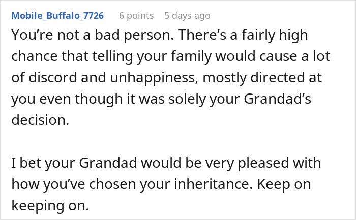 Supportive online response reassuring a woman that keeping her life-changing inheritance secret is wise. Supportive online response reassuring a woman that keeping her life-changing inheritance secret is wise.