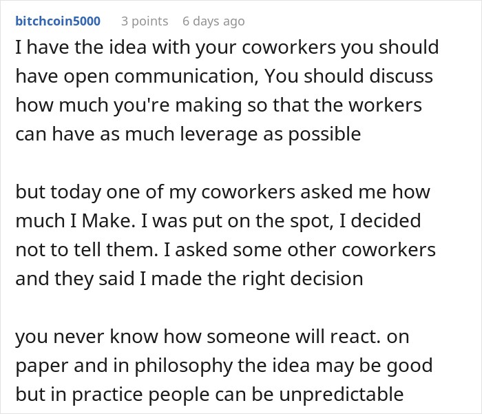 Online comment discussing workplace salary transparency related to a life-changing inheritance story. Online comment discussing workplace salary transparency related to a life-changing inheritance story.