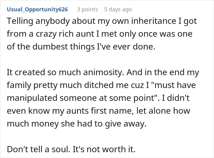 A comment discussing how revealing a secret inheritance destroyed family relationships. A comment discussing how revealing a secret inheritance destroyed family relationships.