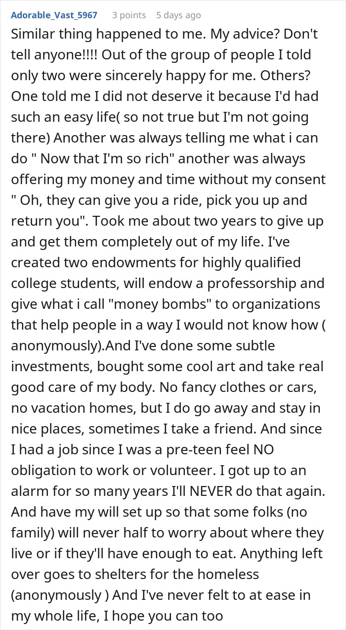 A detailed comment sharing personal advice on keeping a secret inheritance and donating anonymously. A detailed comment sharing personal advice on keeping a secret inheritance and donating anonymously.