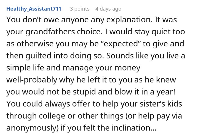 Reddit comment advising to keep quiet about a life-changing inheritance and offer anonymous help. Reddit comment advising to keep quiet about a life-changing inheritance and offer anonymous help.