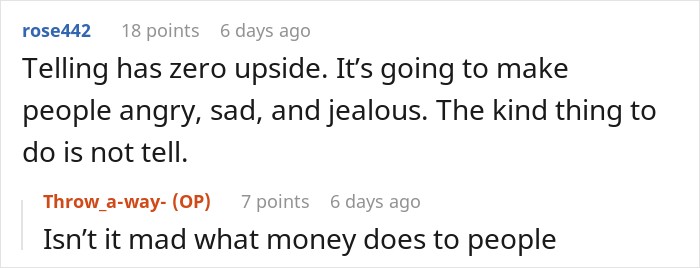 Comment thread discussing why keeping a life-changing inheritance secret avoids family jealousy. Comment thread discussing why keeping a life-changing inheritance secret avoids family jealousy.