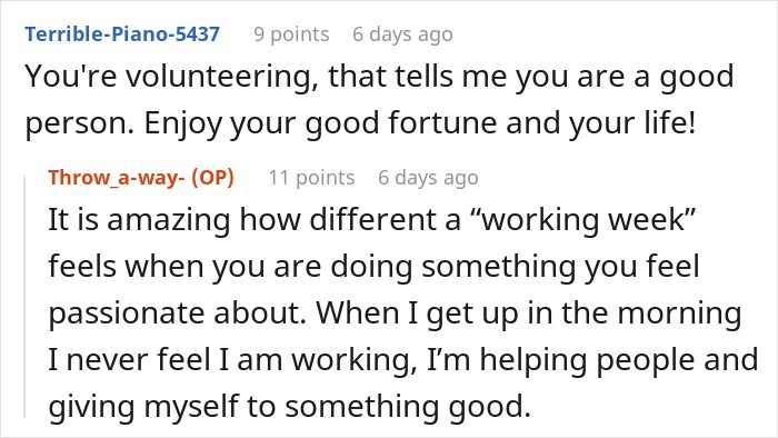Reddit comment supporting a woman who got an inheritance and spends time volunteering and helping people. Reddit comment supporting a woman who got an inheritance and spends time volunteering and helping people.