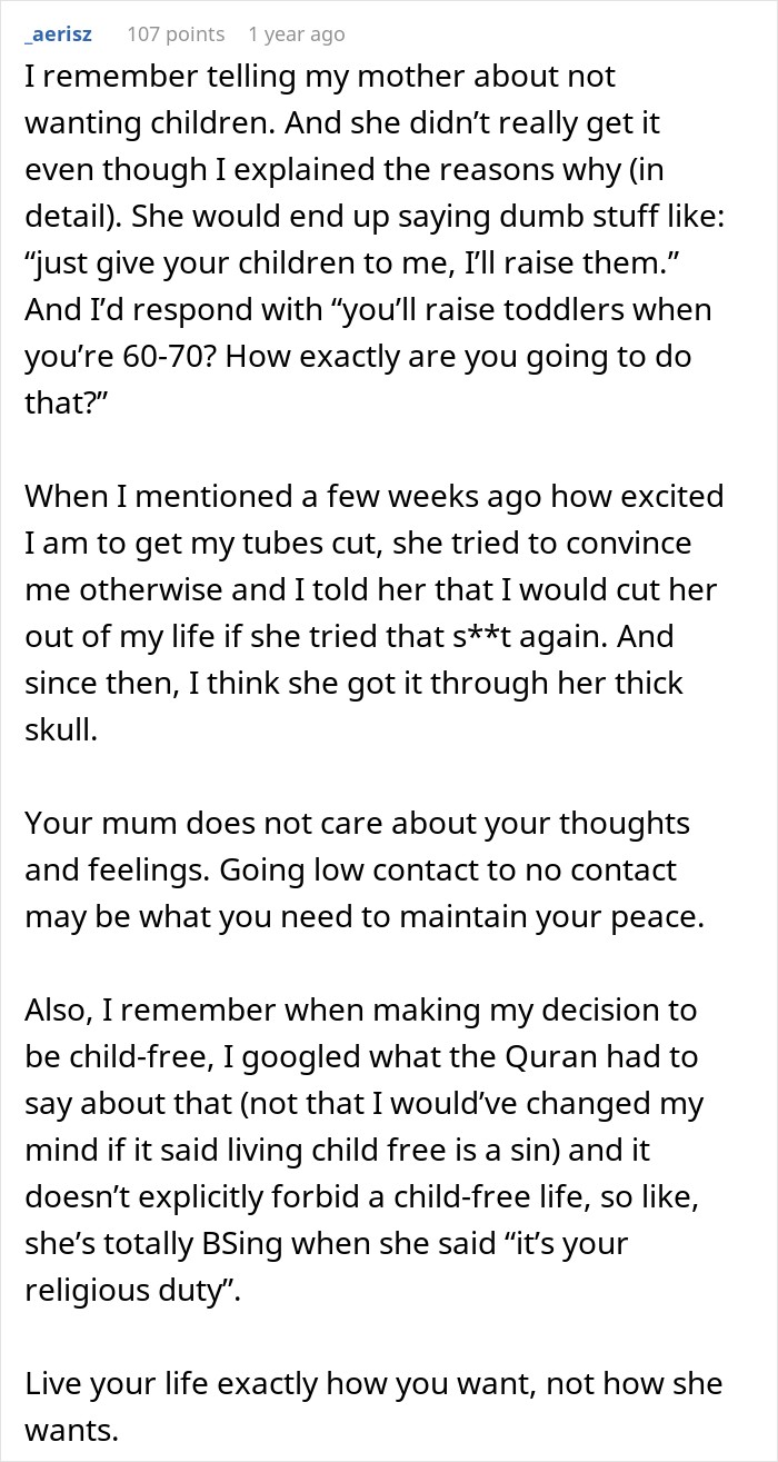 Mom Says There Is "No Point" For Daughter's Life If She's Not Going To Have Kids Mom Says There Is "No Point" For Daughter's Life If She's Not Going To Have Kids