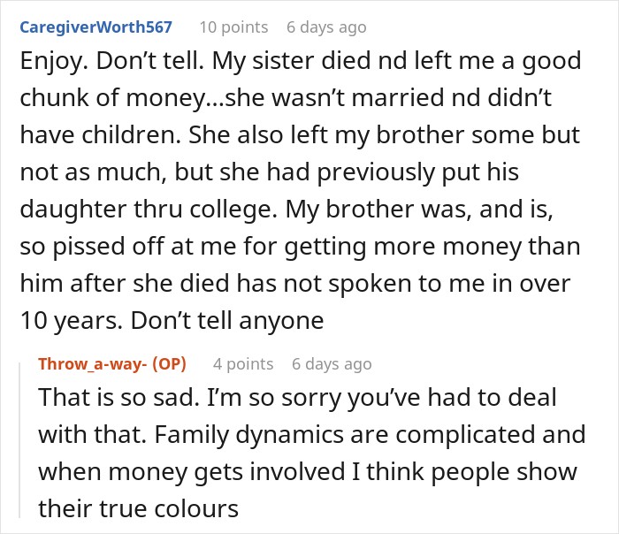 Reddit thread discussing complex family dynamics and secrets after receiving a life-changing inheritance. Reddit thread discussing complex family dynamics and secrets after receiving a life-changing inheritance.