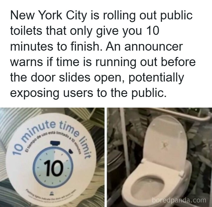 Creepy facts about a public restroom with a 10-minute timer sign next to a toilet bowl