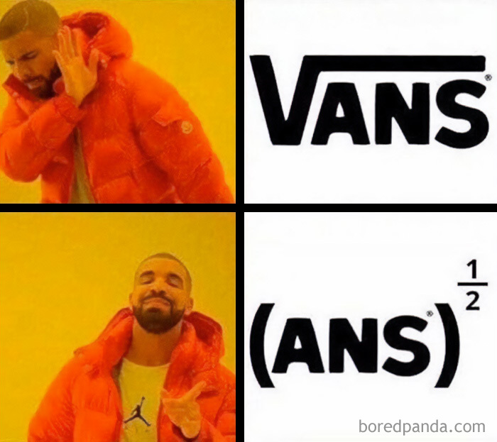 Drake meme replacing the Vans logo with a fractional exponent formula in amusing physics posts.