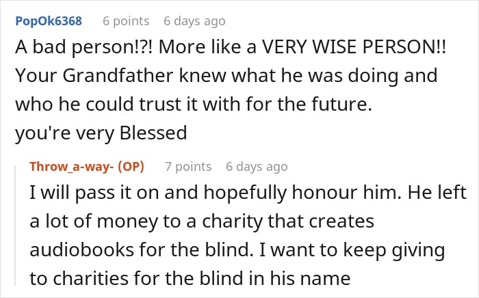 Online discussion praise for a woman honoring her grandfather's wishes after getting an inheritance. Online discussion praise for a woman honoring her grandfather's wishes after getting an inheritance.
