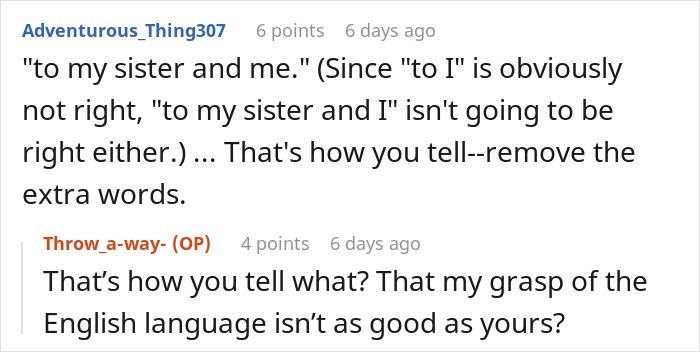 Comment section where users correct grammar in a post about a woman receiving a life-changing inheritance. Comment section where users correct grammar in a post about a woman receiving a life-changing inheritance.