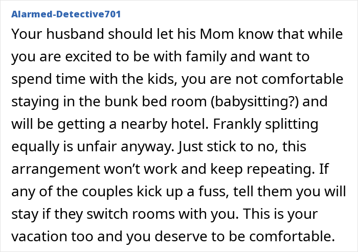 A response advising a child-free couple to get a hotel room and refuse an unfair bunk room arrangement. A response advising a child-free couple to get a hotel room and refuse an unfair bunk room arrangement.