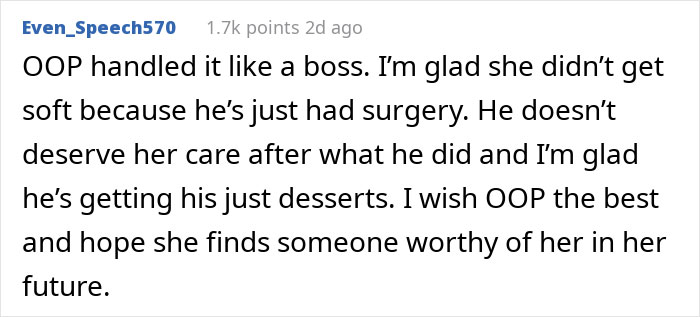 Reddit comment supporting woman who left boyfriend after heart surgery text discovery.