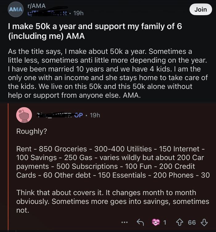 Reddit AMA post about supporting a family of six on a 50k yearly income budget