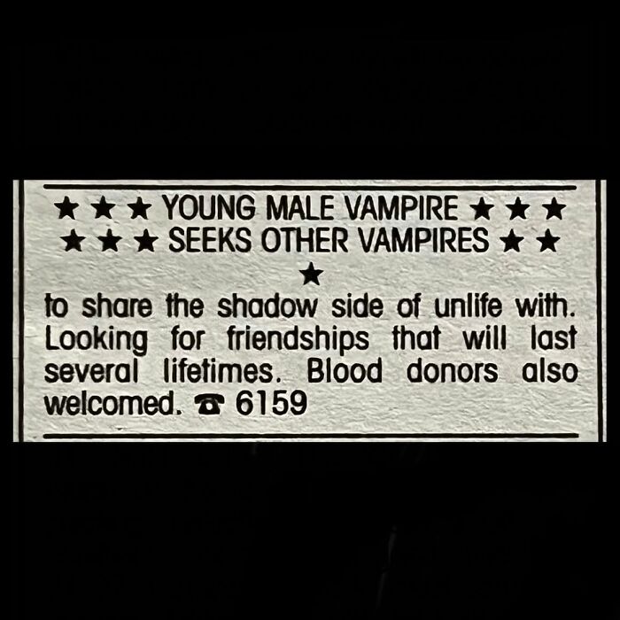 Vintage personal ad from the past placed by a young male vampire seeking other vampires and blood donors.