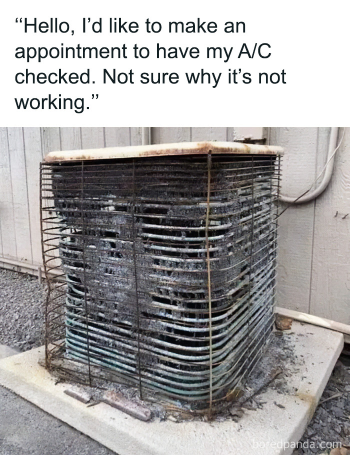 Severely damaged outdoor AC unit highlighting funny cringe construction fails memes.