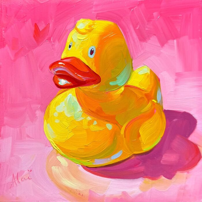 Vibrant yellow rubber duck painting in the colorful style of Alai Paintings