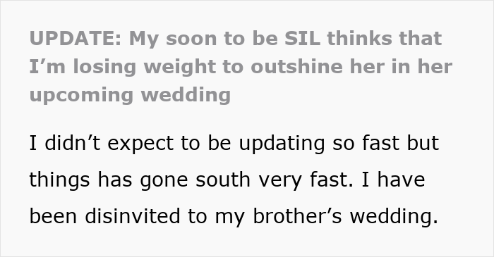 Text update about sister-in-law accusing of weight loss to outshine bride Text update about sister-in-law accusing of weight loss to outshine bride