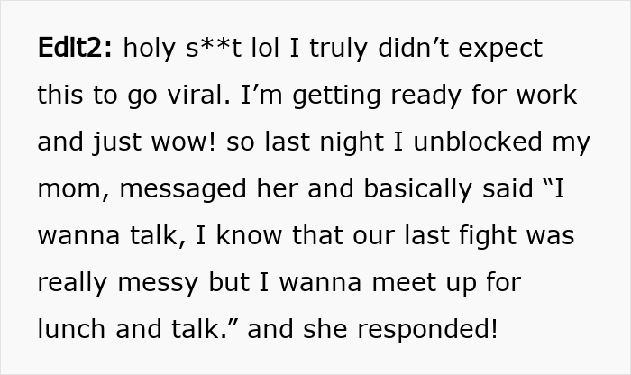 Reddit post text screenshot of a woman unblocking her mom to meet for lunch after a viral post and family drama Reddit post text screenshot of a woman unblocking her mom to meet for lunch after a viral post and family drama