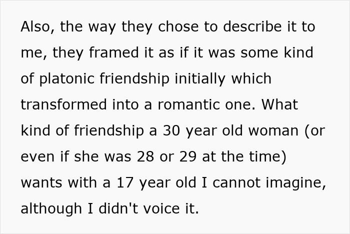 Screenshot of post text discussing a mom questioning the nature of her son's GF relationship. Screenshot of post text discussing a mom questioning the nature of her son's GF relationship.