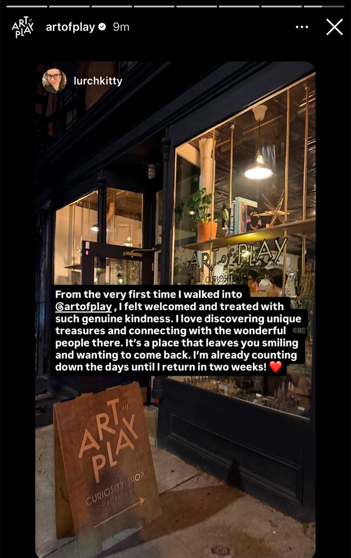 An Instagram story repost showing the storefront of Art of Play, a Brooklyn store involved in the Kelly Clarkson drama.