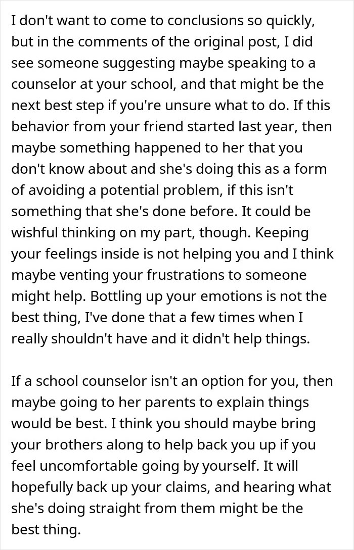 Online comment recommending school counselor or involving parents to resolve conflict Online comment recommending school counselor or involving parents to resolve conflict