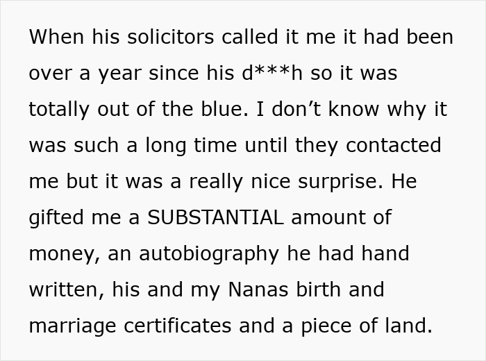 Text snippet explaining the unexpected news from solicitors about a major life-changing inheritance. Text snippet explaining the unexpected news from solicitors about a major life-changing inheritance.