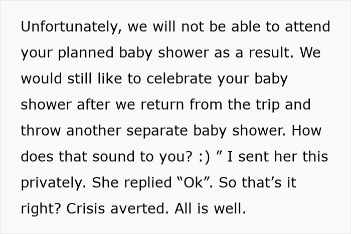 Text detailing response to friend about baby shower and trip clash