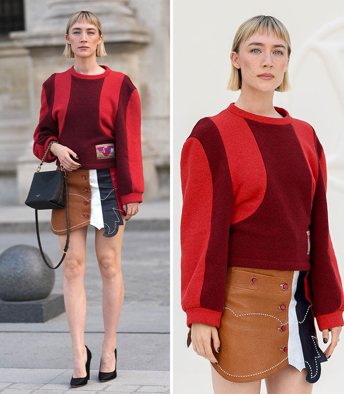 Saoirse Ronan in a red sweater and patchwork skirt at the 2026 Paris Fashion Week.