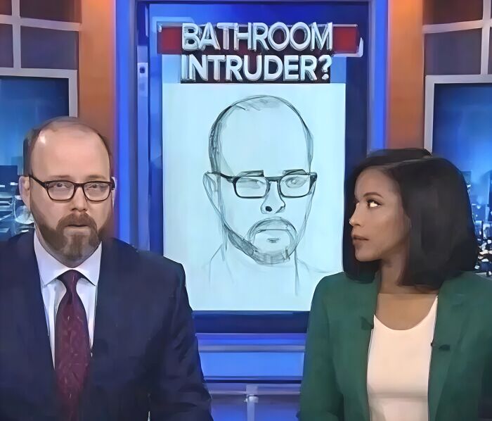 News anchor looking at a sketch identical to him, showing funny and unhinged news headlines.