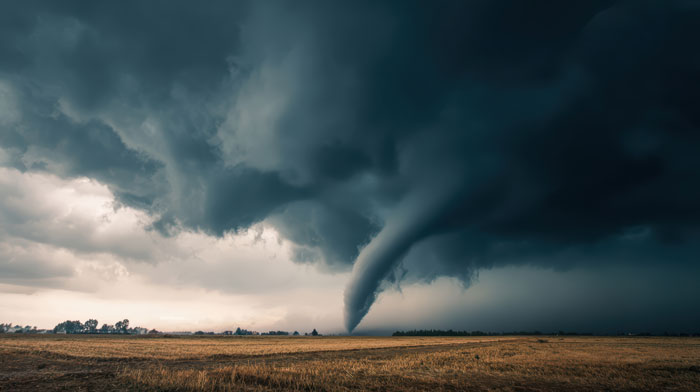 Large tornado touching down in field symbolizing natural disaster threat to survival