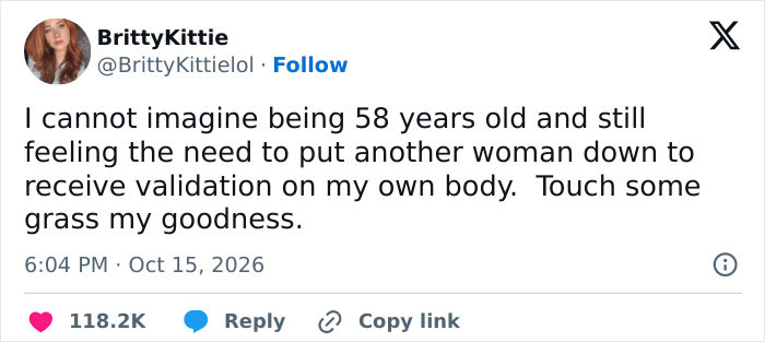 Twitter post criticizing 58 years old MAGA influencer for body validation
