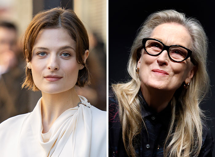 Portraits comparing Louisa Jacobson and Meryl Streep discussing nepo babies in Hollywood.