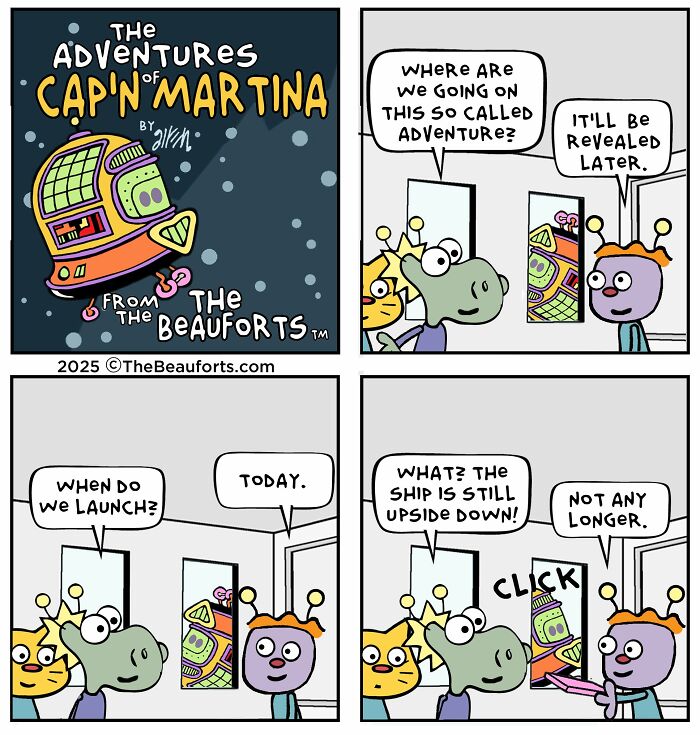 Funny space comics comic strip with cartoon characters flipping their upside-down spaceship right side up. Funny space comics comic strip with cartoon characters flipping their upside-down spaceship right side up.