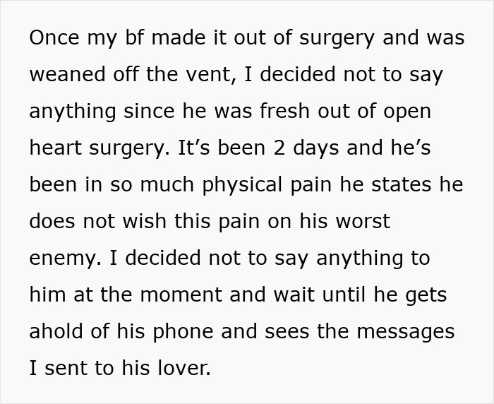 Text post about a woman waiting after her boyfriend gets heart surgery before confronting him about his phone.