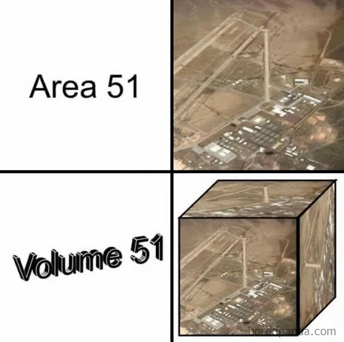 A funny physics meme comparing Area 51 as a flat map with Volume 51 rendered in 3D.