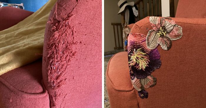 Before and after repair of a torn pink armchair armrest using floral embroidery creativity to save money.