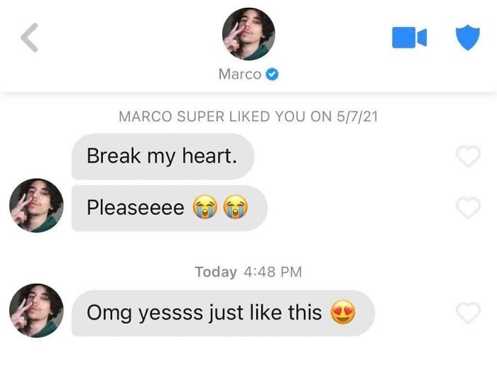 Awkward text screenshots from a dating app where a user asks to have their heart broken.