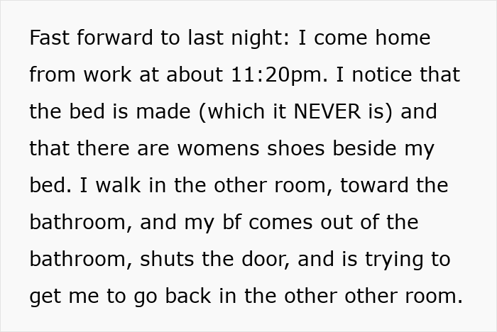 Text post recounting coming home to find a made bed and unfamiliar shoes, hinting at bathroom mystery Text post recounting coming home to find a made bed and unfamiliar shoes, hinting at bathroom mystery