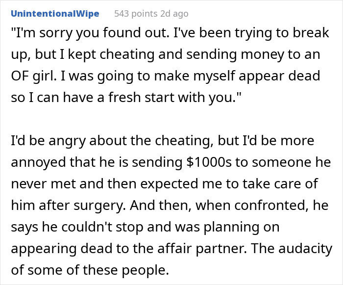 Online commentary discussing cheating drama involving boyfriend heart surgery and phone secrets.
