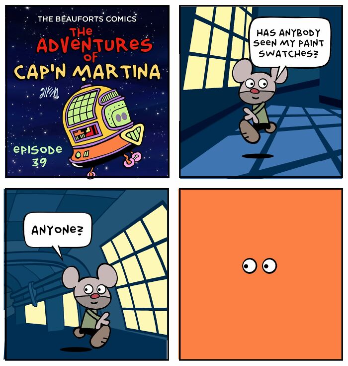 Funny space comic panel depicting a mouse character searching for missing paint swatches. Funny space comic panel depicting a mouse character searching for missing paint swatches.