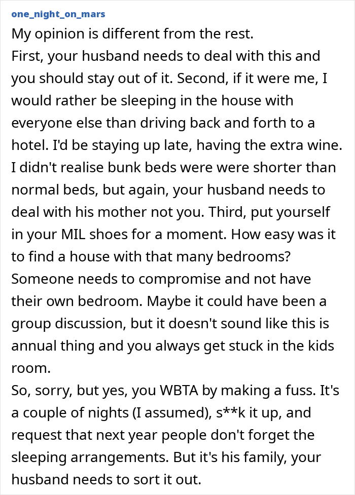 A detailed comment advising a child-free couple on how to handle family sleeping arrangements. A detailed comment advising a child-free couple on how to handle family sleeping arrangements.