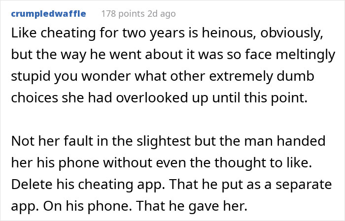 A online comment discussing cheating behavior, relevant to a story where a woman waits in fear during heart surgery.